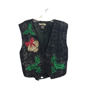 Vtg Sequin Christmas Holiday Vest Match-Up Black Bells Holly Unisex Large Cotton
